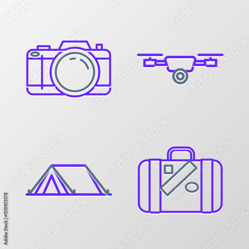 Set line Suitcase for travel and stickers, Tourist tent, Drone flying with action video camera and Photo icon. Vector
