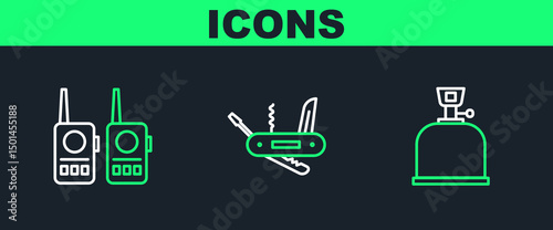 Set line Camping gas stove, Walkie talkie and Swiss army knife icon. Vector