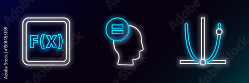 Set line Graph, schedule, chart, diagram, Function mathematical symbol and Calculation icon. Glowing neon. Vector
