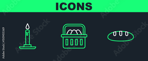 Set line Bread loaf, Burning candle in candlestick and Basket with easter eggs icon. Vector