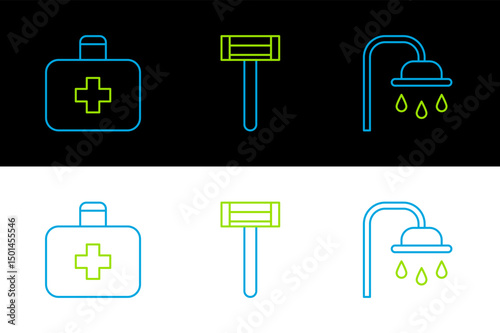 Set line Shower head, First aid kit and Shaving razor icon. Vector