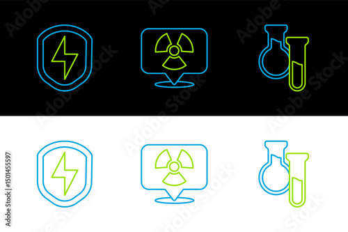 Set line Test tube and flask, Secure shield with lightning and Radioactive location icon. Vector
