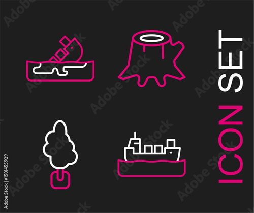 Set line Oil tanker ship, Tree, stump and Wrecked oil icon. Vector