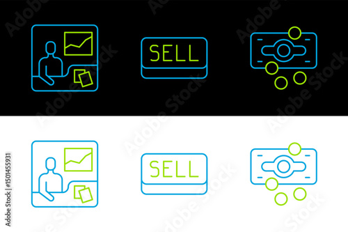 Set line Stacks paper money cash, Trading courses and Sell button icon. Vector