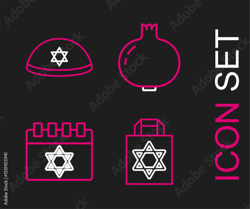 Set line Shopping bag with star of david, Jewish calendar, Pomegranate and kippah icon. Vector