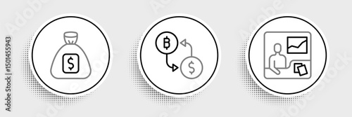 Set line Trading courses, Money bag and Cryptocurrency exchange icon. Vector