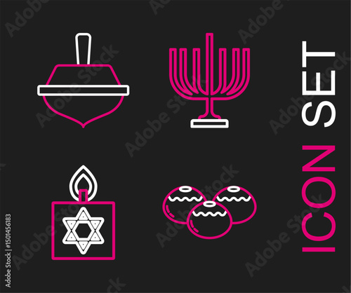Set line Jewish sweet bakery, Burning candle, Hanukkah menorah and dreidel icon. Vector