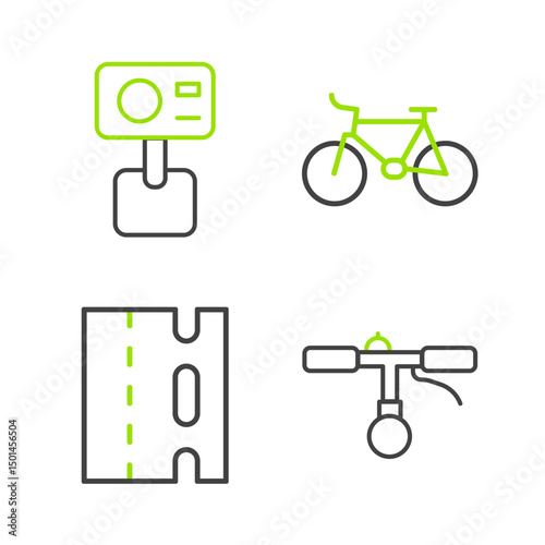 Set line Bicycle handlebar, lane, and Action extreme camera icon. Vector