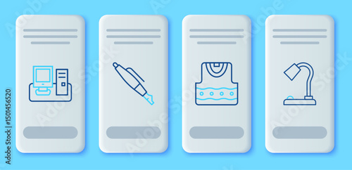 Set line Fountain pen nib, Waistcoat, Monitor with keyboard and Table lamp icon. Vector
