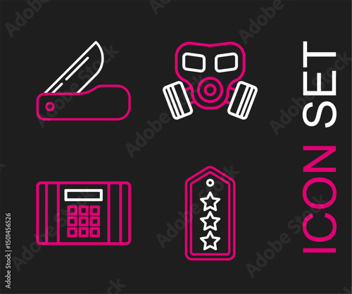 Set line Military rank, Dynamite bomb, Gas mask and Swiss army knife icon. Vector