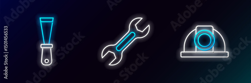 Set line Worker safety helmet, Putty knife and Wrench spanner icon. Glowing neon. Vector