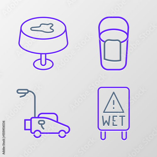 Set line Wet floor, Lawn mower, Bucket with rag and Stain on the tablecloth icon. Vector