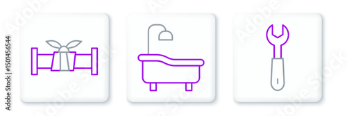 Set line Wrench spanner, Industry metallic pipe and Bathtub icon. Vector