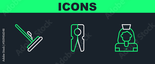 Set line Cleaning lady service, Mop and Clothes pin icon. Vector