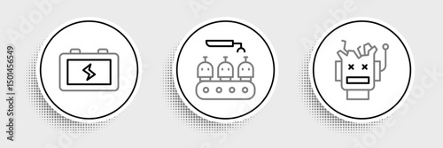 Set line Broken robot, Battery and Industrial production of robots icon. Vector