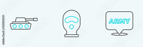 Set line Military army, tank and Balaclava icon. Vector