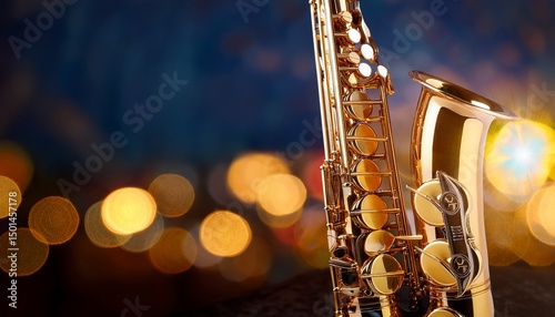 close up of a shimmering golden saxophone with blurred lights creating a vibrant atmosphere