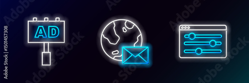Set line Browser setting, Advertising and Earth globe with mail icon. Glowing neon. Vector