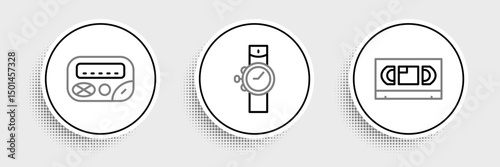 Set line VHS video cassette tape, Pager and Wrist watch icon. Vector