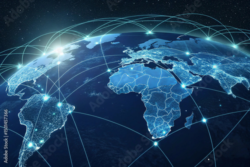light blue background with a digital world map and global network connections, representing the concept of international business or connectivity