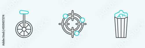Set line Popcorn in cardboard box, Unicycle one wheel bicycle and Target sport for shooting competition icon. Vector