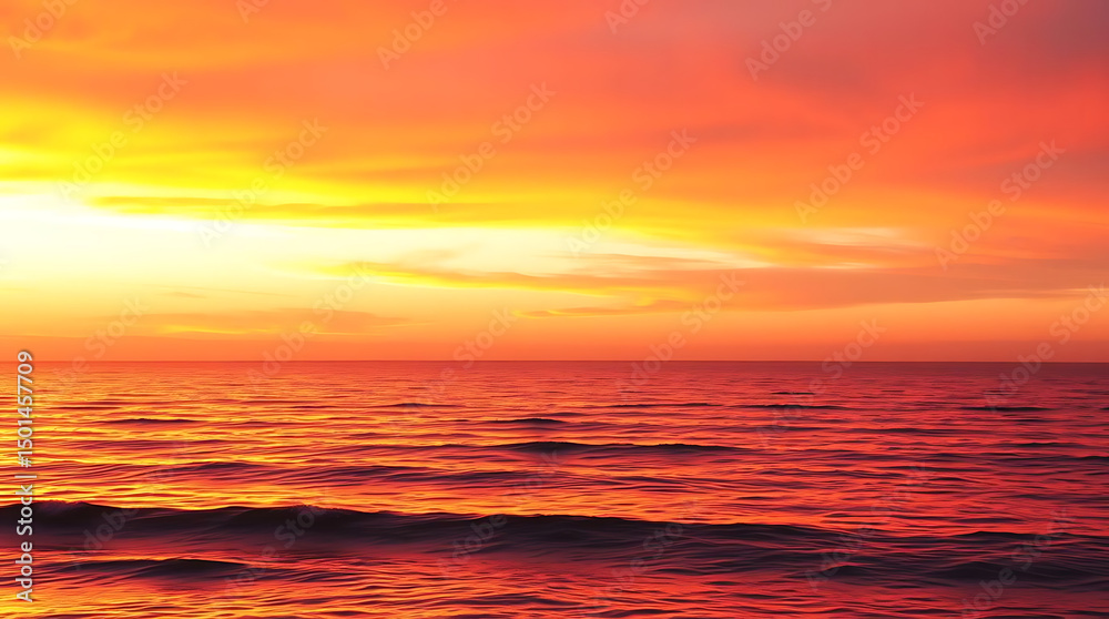 Obraz premium A dramatic sunset over a calm ocean horizon, with warm orange and pink tones reflecting on the water, gentle waves, and a wide-angle view of the open sky, peaceful and emotional