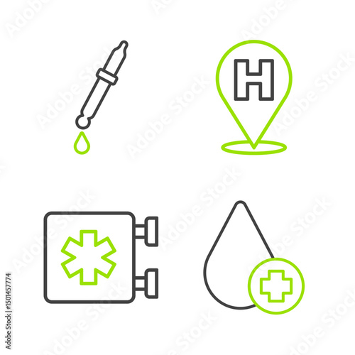 Set line Donate drop blood, Emergency - Star of Life, Location hospital and Pipette icon. Vector
