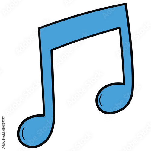 Hand drawn cartoon blue musical note on white background.
