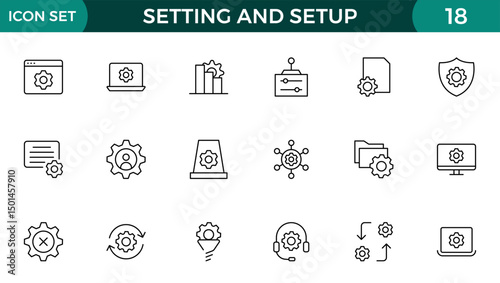 Setting and setup Solid icon collection. app and website settings icon set. options, configuration, preferences, adjustments, tools, gear, control panel, management, and productivity icons.
