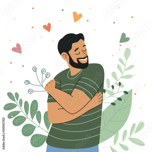Man hugging himself feeling happy mental health concept self love and self care