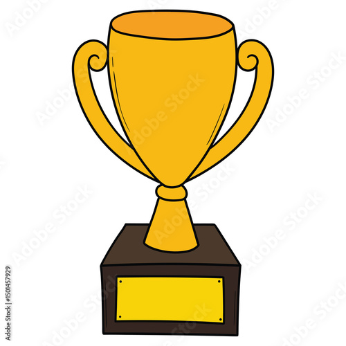 Hand drawn cartoon gold trophy on white background.