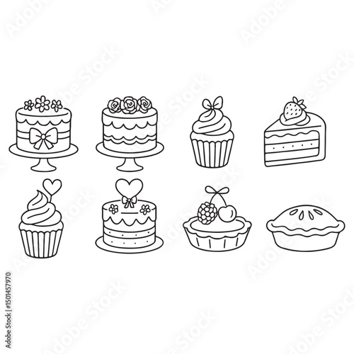 Set of hand drawn wedding and birthday cakes, cupcakes and pies. Whimsical doodle desserts illustrations. 
Coquette bakery items. Line art sweet pastry food.