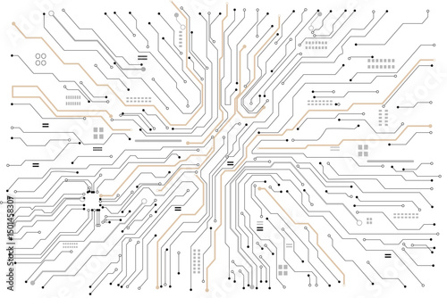Abstract technology background. Gold circuit lines and connected dots on dark tech bg. Futuristic electronics concept