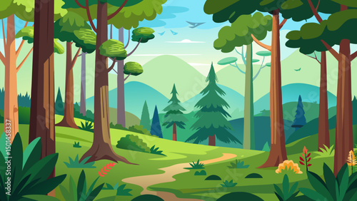 Serene Forest Landscape. Picturesque Mountain View. Lush Greenery. and Tranquil Pathway