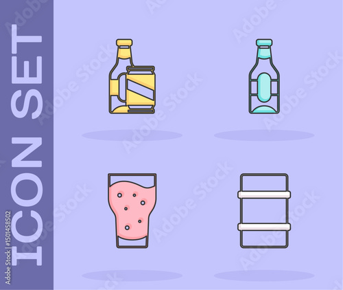 Set Metal beer keg, Beer bottle and can, Glass of and icon. Vector
