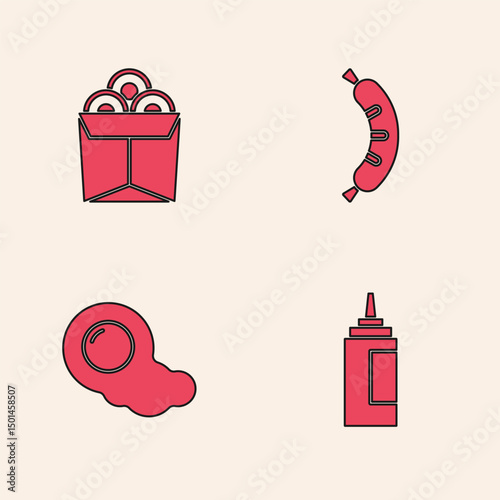 Set Sauce bottle, Noodles in box, Hotdog and Scrambled eggs icon. Vector