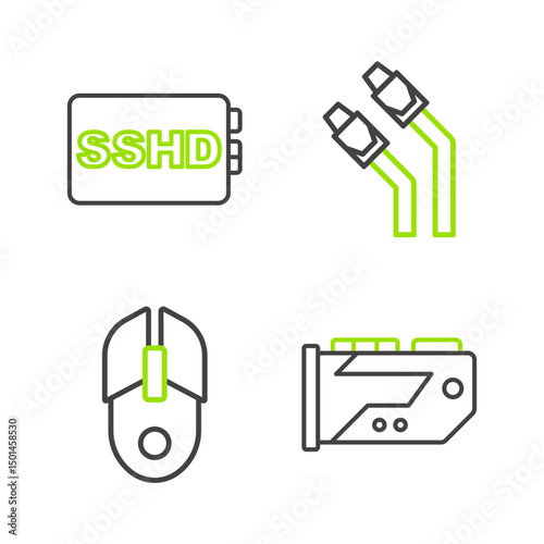 Set line Video graphic card, Computer mouse, LAN cable network internet and SSHD icon. Vector