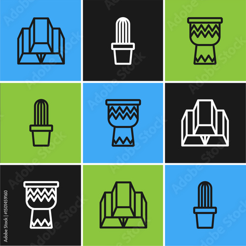 Set line Gold bars, Drum and Cactus peyote in pot icon. Vector