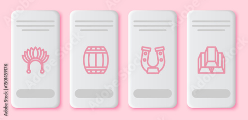 Set line Indian headdress with feathers, Gun powder barrel, Horseshoe and Gold bars. White rectangle button. Vector