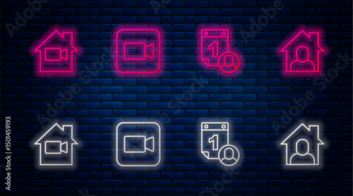 Set line Camera, Time management, Video camera Off in home and Online working. Glowing neon icon on brick wall. Vector