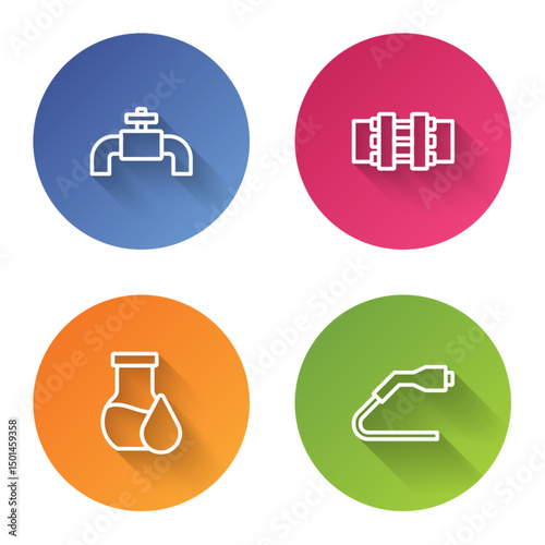 Set line Metallic pipes and valve, , Oil petrol test tube and Electrical cable plug charging. Color circle button. Vector