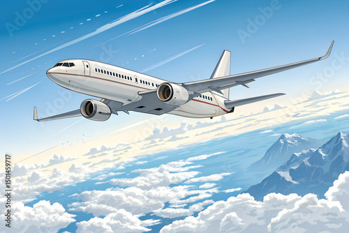 Airplane soaring high in a clear blue sky, isolated PNG with transparent background