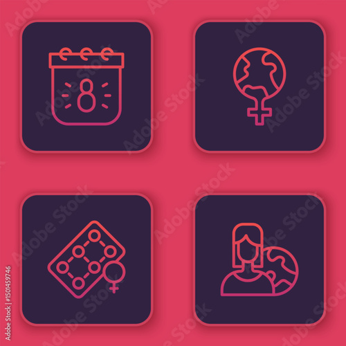 Set line Calendar with 8 March, Packaging of birth control pills, Feminism the world and Women from different countries. Blue square button. Vector