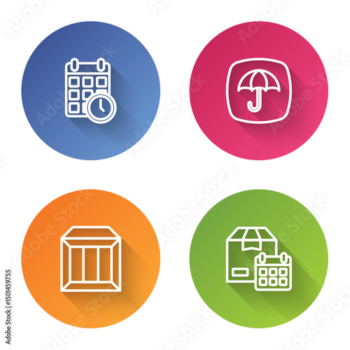 Set line Cardboard box with calendar, Delivery package umbrella, Carton cardboard and . Color circle button. Vector