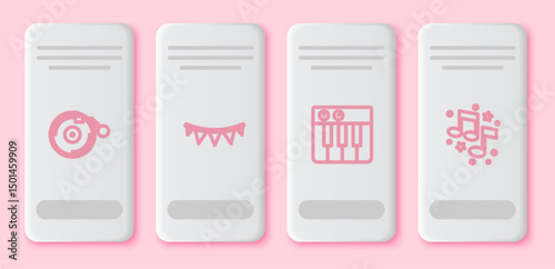 Set line Vinyl player with disk, Carnival garland flags, Music synthesizer and note, tone. White rectangle button. Vector