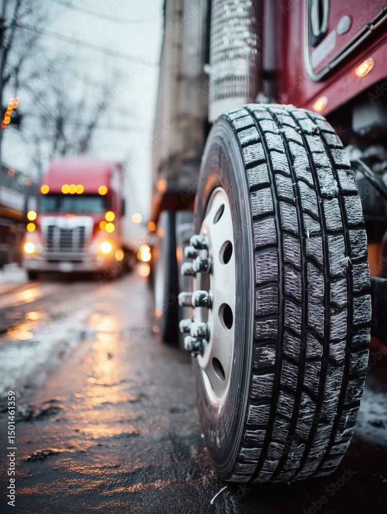 Naklejka premium Heavy Truck Wheel Coated in Slush and Snow