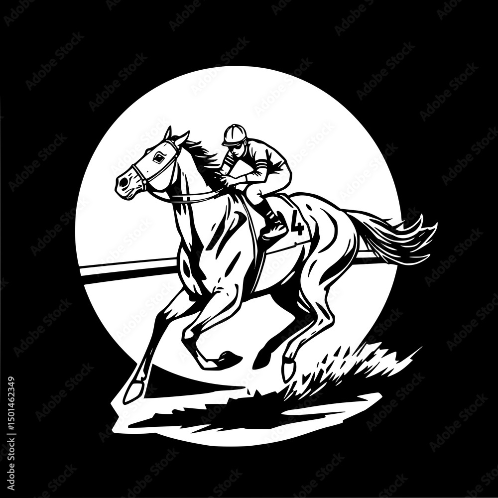 Fototapeta premium Jockey and Horse Race: A dynamic monochrome illustration depicts a jockey fiercely riding a horse, number 4, at full speed against a circular backdrop.