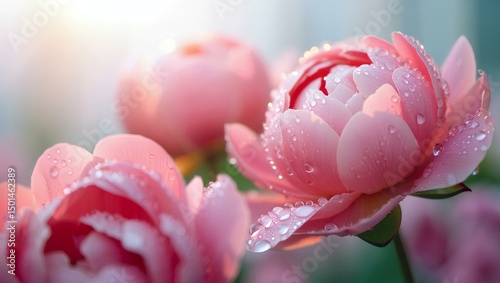 Beautiful pink tulip blossoms in a lush green garden evoke the romance and beauty of spring nature.