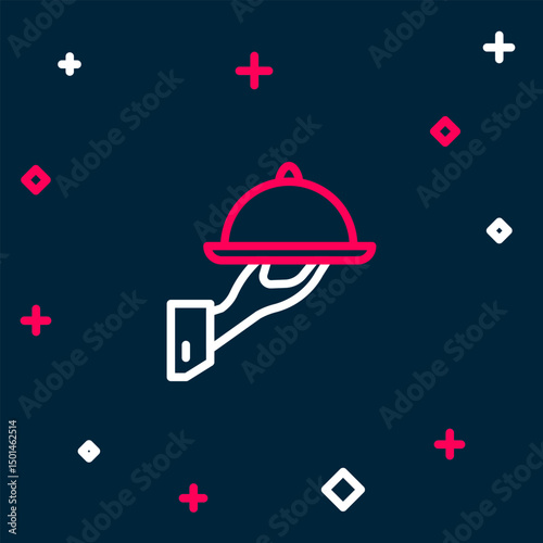 Line Covered with a tray of food icon isolated on blue background. Tray and lid sign. Restaurant cloche with lid. Colorful outline concept. Vector