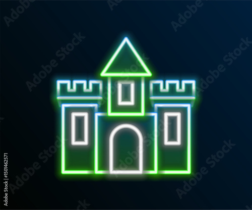 Glowing neon line Castle icon isolated on black background. Medieval fortress with a tower. Protection from enemies. Reliability and defense of the city. Colorful outline concept. Vector